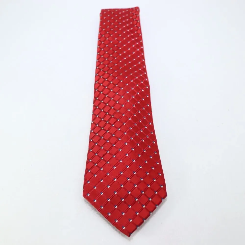 Jones New York Tie Mens 60 in Silk Red White Blue Micro Squares Diagonal Ribbed